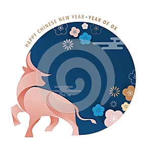 Chinese new year 2021 year of the ox, red cow, Chinese zodiac symbol. Vector background with traditional oriental