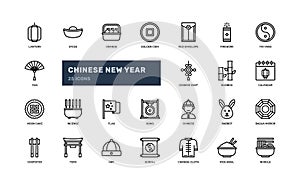 Chinese new year party festival detailed outline icon with lantern, orange, red envelope, more. simple vector illustration