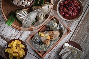 Chinese New Year party table with food and traditional decorations