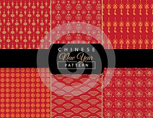 Chinese New Year pattern set. New Chinese luxury background. Asian traditional seamless red pattern with golden lantern, seals and