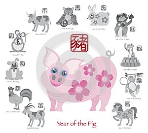 Chinese New Year Pig Color with Twelve Zodiacs Vector Illustration