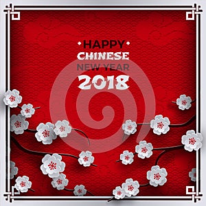 2018 chinese new year poster, red background with traditional sakura cherry flowers on tree branches, clouds, pattern oriental