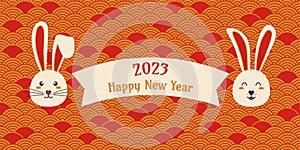 Chinese New Year rabbit symbol 2023 on asian banner, holiday vector background, traditional red hare lunar zodiac, happy cute