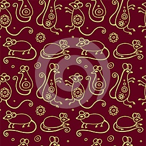 Chinese New Year of the rat seamless pattern with red watercolor mouse animals, gold asian culture icons and hand drawn