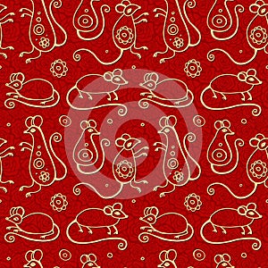Chinese New Year of the rat seamless pattern with red watercolor mouse animals, gold asian culture icons and hand drawn