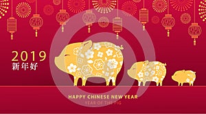 Chinese New Year 2019 red and gold banner, poster or greeting card with cute piglets, traditional lanterns and fireworks.