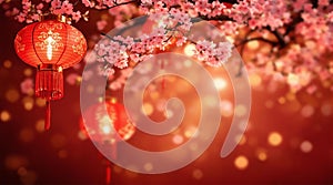 Chinese New Year Red Lantern and Cherry blossoms Background