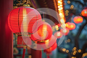 Chinese New Year Red Lantern with some paper inside. Festival in Asia night light lit up decorations