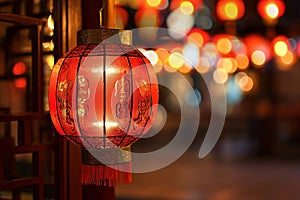 Chinese New Year Red Lantern with some paper inside. Festival in Asia night light lit up decorations