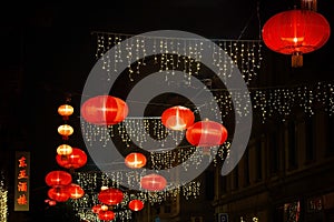Chinese new year red lanterns in Chinatown. Decorations on the street