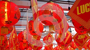 Chinese New Year Red Paper Latern Decoration with Wish Signs in Bangkok City