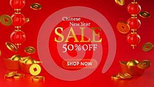 Chinese New Year Sale Banner Design. Lantern and Chinese Gold Coin Ingot 3D Rendering