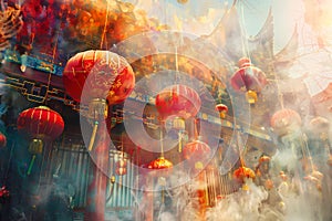 A Chinese New Year scene with red lanterns and smoke in the air, surrounded by traditional architecture. Ai generated