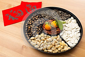 Chinese new year snack tray and chinese calligraphy, meaning for