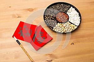 Chinese new year snack tray and chinese calligraphy, meaning for