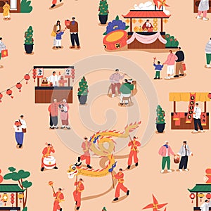 Chinese New Year street market, festive pattern. Asian festival celebration in Chinatown, seamless holiday print photo