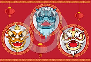 Chinese new year traditional dragon head,lantern,red background for Chinese new year