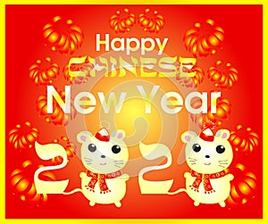 Chinese new year, two white rats, symbol, year of the metal rat vector, yellow fon  illustration