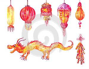Chinese new year watercolor set. Sky lanterns, red paper oriental lamps hanging. Traditional festive dragon isolated