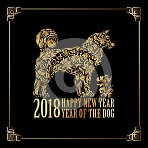 2018 Chinese New Year. Year of the dog. Vector illustration. New Year. Gold on red.