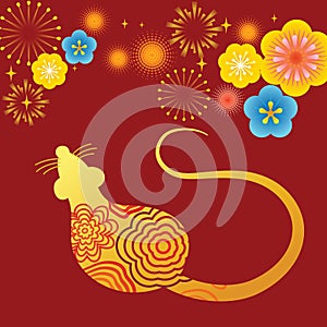 Chinese New Year, year of the Rat. Golden rat on red background, firely flower blossum