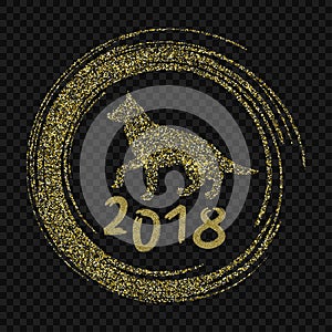2018 chinese new year of yellow dog minmal concept with golden vector lines, glitter, foil texture, animal silhouette