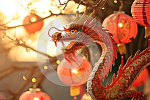 Chinese New Years 2024 card banner with golden dragon street with trees decorated with red lanterns. Festive template with copy