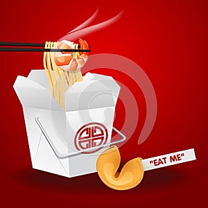 Chinese noodles box with chopsticks and fortune cookie