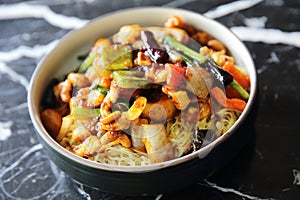 Chinese noodles with chicken and peanuts , Chinese cuisine food