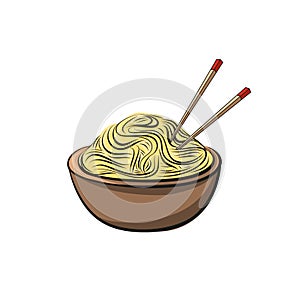 Chinese noodles drawn on white background. Hand-drawn vector illustration. Fast food.