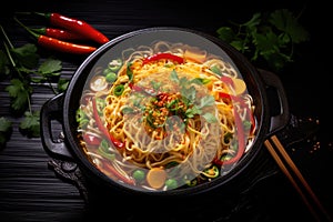 Chinese noodles with vegetables and greens in a pan on a black background, Chinese noodle soup with vegetables on a black wooden