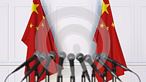 Chinese official press conference. Flags of China and microphones. Conceptual 3D rendering