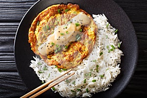 Chinese omelette Egg Foo Young served with rice close-up. horizontal top view
