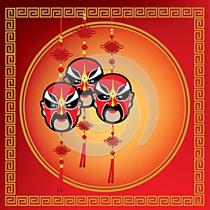 Chinese opera mask on red pattern background