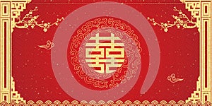 Chinese Oriental Wedding Backdrop with Gold Symbols Xi Double Happiness.Chinese wedding stage background wallpaper.