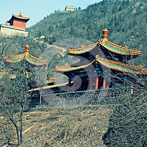 Chinese pagoda on hills near Great Wall, China