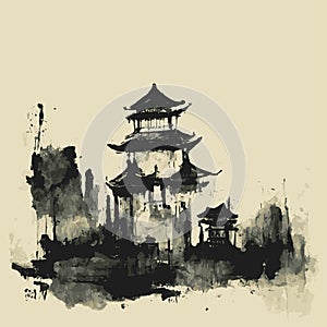 Chinese pagoda, an oriental-style building, hand drawn vector illustration in black ink grunge style.