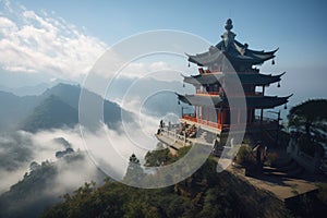 chinese pagoda overlooking vast expanse of misty mountains, with clear blue skies and white clouds