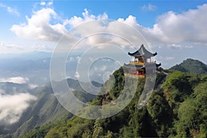 chinese pagoda overlooking vast expanse of misty mountains, with clear blue skies and white clouds