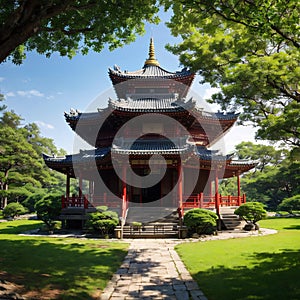 Chinese pagoda pavilion among the trees in Asian style park made with Generative AI