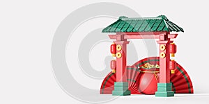 Chinese pagoda scene with white background copyspace for greetings. Chinese New Year symbols of celebration, red, gold elements