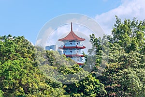 Chinese pagoda tower on the shore of a pond in Singapore