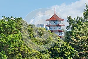 Chinese pagoda tower on the shore of a pond in Singapore