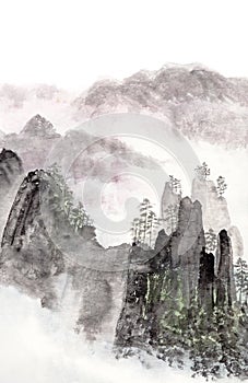 Chinese painting of high mountain landscape