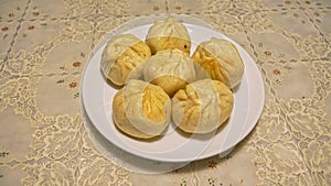 Chinese pan fried pork buns, sheng jian bao, homemade Chinese traditional snack, top view