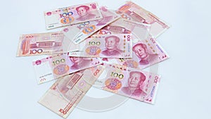 Chinese paper currency Yuan renminbi bill banknotes on white background, Banknote one hundred yuan, More chinese yuan background,