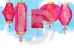 Chinese paper lanterns and blue spots on the background. Hand drawn watercolor illustration