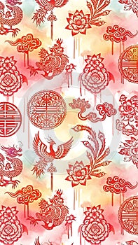 Chinese Pattern with Red Floral Motifs