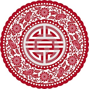 Chinese Pattern - Traditional Round Floral Ornament with Shou Symbol