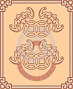 Chinese Pattern - Two Bats with Coins, Symbol of Prosperity